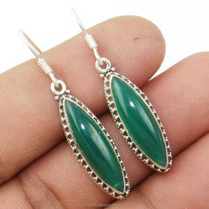 Pendientes de gota de plata con piedras preciosas de ónix verde Natural, pendientes de piedra de ónix verde de corte Marquesa de Plata de Ley 925, joyería fina - Product Image 1