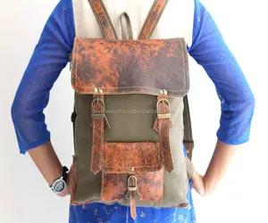 Handmade Genuine Leather Vintage Style Green color Unisex Rucksack Backpack