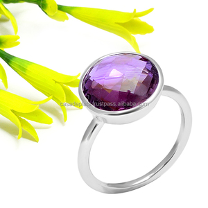 Anillo de Plata de Ley 925, anillo hecho a mano con piedras preciosas de amatista, anillo clásico de moda de forma redonda para regalo, fiesta, boda para Unisex - Product Image 1