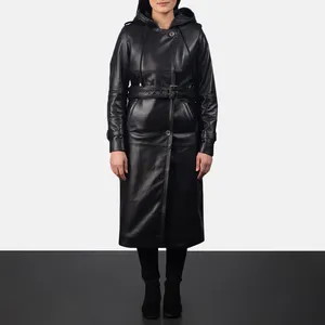 Wholesale Women New Design Fashionable Fixon Hooded Black Trench Coat With Real Leather Sheepskin Top Quality