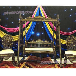 Wedding <b>Wooden</b> Antique <b>Swing</b> <b>Set</b> Handicraft <b>Wooden</b> Carved Jhula Black Colored Mehndi Stage <b>Swing</b> with Chairs UK USA Canada Fiji - Product Image 1