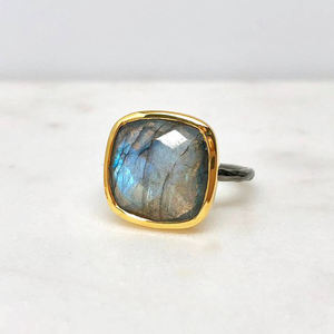 Adjustable Two-Tone Stylish Brass Fashion Ring Cushion Cut Labradorite Gemstone Bezel Set for Weddings Parties & Anniversaries - Product Image 2
