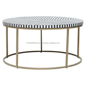 Table basse avec incrustation d'os ronde, noire et blanche - Product Image 1