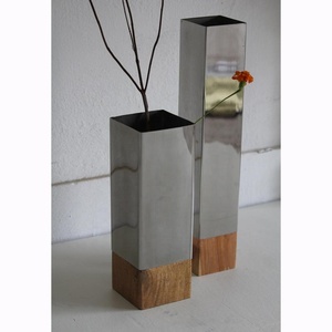 Saishwari TV0003 <b>Tall</b> Stand Flower <b>Vase</b> Box Shape Black Teak Mango Wood Stainless Steel Handmade Antique Style Novelty Gifts - Product Image 3