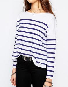 เสื้อยืดแขนยาวสำหรับผู้หญิง,เสื้อผ้าเจอร์ซีย์ผ้าฝ้ายบริสุทธิ์ผ้านิ่มระบายอากาศได้ดีคอกลมพิมพ์ลายทางดีไซน์ล่าสุด - Product Image 6