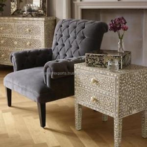 Muebles de interior decorativos con incrustaciones de hueso de alta calidad, mesita de noche de madera blanca azul y taburete de resina para decoración de salón para el hogar - Product Image 5