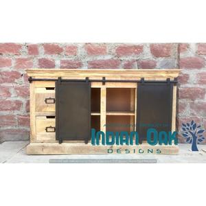 Aparador de almacenamiento de roble macizo de 3 cajones de diseño antiguo, Metal de hierro industrial y vintage y madera de mango para comedor, muebles para el hogar - Product Image 2