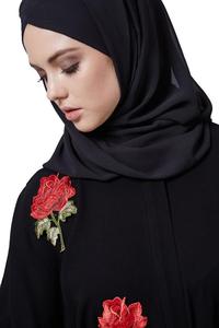 Abaya-Rosas germinadas para mujer, liso, negro, con bordado rojo, precioso diseño - Product Image 2