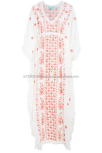 100% algodón venta al por mayor ropa de las mujeres de lujo hecho a mano Paisley bordado con flecos en el Bajo cuello V ropa de playa Maxi vestido - Product Image 3