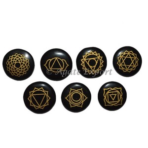 Juego de Discos de Ágata Negra Semipreciosa con los Siete Chakras al por Mayor/Compre un Juego de Discos con Símbolos de Chakra Grabados - Product Image 1