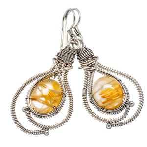 925 Sterling Silver Natural <b>Golden</b> <b>Rutilated</b> <b>Quartz</b> Wire Wrapped Fine Jewelry Handmade Earring OEM & ODM Oval Gemstone Wholesale - Product Image 1