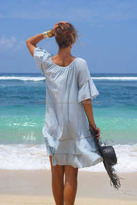 ชุดเดรสแขนกระดิ่งชายหาดแบบเขตร้อนของผู้หญิง,เดรสคลุมชายหาดคอผูกพู่ปักลายเรขาคณิตเก๋ไก๋สไตล์โบโฮวินเทอร์ - Product Image 2