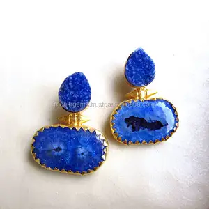 Designer Deep Blue Druzy with Gold Spikes/Gold Metal /Agate /Statement /Gemstone Earrings