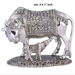 White Metal Carved <b>Religious</b> Cow with Calf <b>Statue</b> Silver Antique Finish Cast Aluminum Home Decoration Item - Product Image 4