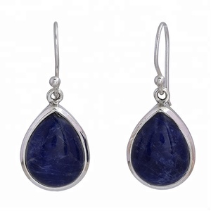 Pendientes de Plata de Ley 925 con piedras preciosas de sodalita azul, joyería de alambre de oreja a la moda, ajuste de bisel Chapado en plata a la moda para boda - Product Image 1