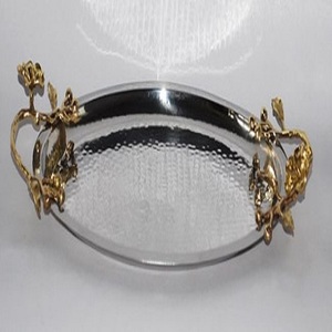 Hammered <b>Mirror</b> Polished Food Serving Tray With Unique Designing Two Strong Gold Color Handle for Home and Restaurant <b>Large</b> Tray - Product Image 1