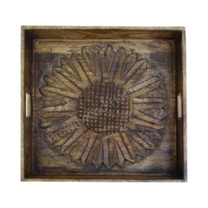 Bandeja grande de forma cuadrada de madera maciza de mango tallada a mano, bandeja para servir bebidas, Juego de 2 con asas, gran oferta - Product Image 1