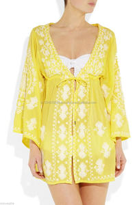 Perfect Elegant Stunning Yellow White Embroidery Front <b>Tie</b> Drawstring Wide Bell Sleeves Swim Women Cover up Kimono <b>Wrap</b> Caftan - Product Image 3