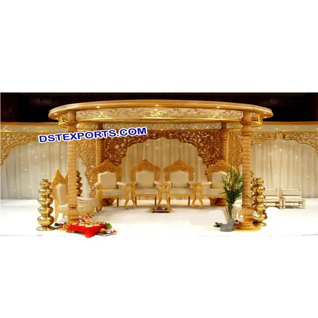 Mandap dourado de madeira para casamento, fabricante de mandap, antiguidade, indiano, casamento, potes de casamento, decoração