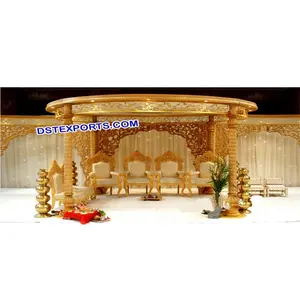 婚礼金色木制雕花Mandap制造商古董印度婚礼木制宝塔婚礼花盆装饰