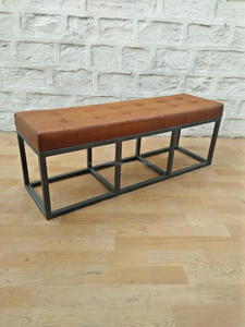 Banco industrial de piel auténtica, Banco de hierro y cuero Vintage - Product Image 3