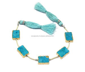 Chuỗi Hạt Đá Quý Rời Khoan Phẳng Hình Chữ Nhật 12X20Mm Mạ Điện Màu Vàng Đồng Thau Ngọc Lam Tự Nhiên <span class=keywords><strong>Howlite</strong></span> - Product Image 2