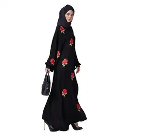 Women Abaya Sprouted Roses Plain Black with red embroidered beautifully designed
