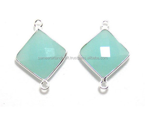 Bisel Chapado en plata 925 hecho a mano con conector de piedra natal de doble fianza con piedras preciosas de Calcedonia peruana Natural estilo bohemio - Product Image 1