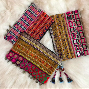 BANJARA KUTCHI EMBROIDERY ETHNIC PATCHWORK <b>MIRROR</b> WORK CLUTCH <b>Vintage</b> Style Fabric Clutch with Cotton Lining - Product Image 1
