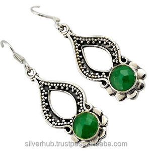ต่างหู925สเตอร์ลิงสีเงินทรงกลมสีเขียวมรกตทำด้วยมือต่างหูห้อยแบบแฮนด์เมดสำหรับขายส่งจำนวนมาก - Product Image 1