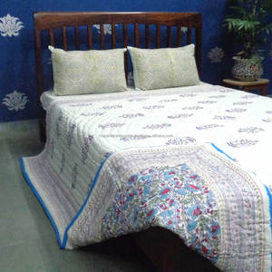Best Selling <b>Queen</b> <b>Quilt</b> in Bush Flower Blue Jaipur Block Print Soft Organic Cotton Factory Outlet Best Price - Product Image 6