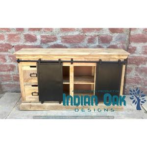 Aparador de almacenamiento de roble macizo de 3 cajones de diseño antiguo, Metal de hierro industrial y vintage y madera de mango para comedor, muebles para el hogar - Product Image 3