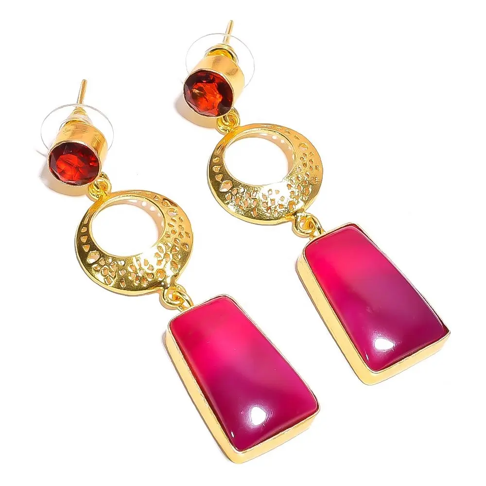 Unique Multi stone Pink Botswana Agate Garnet Gemstone Brass Earrings, Gold Plated Brass Jewelry, Beautiful Gold Brass Jewelry