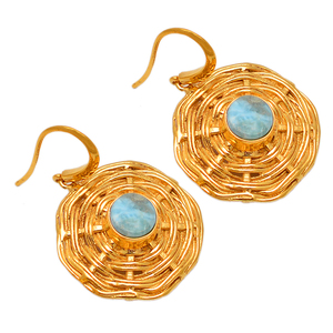 Larimar Round Cabochon Gemstone 925 Sterling Silver Gold Plated Dangle <b>Earrings</b> Jewelry for wedding Anniversary Gift For Women. - Product Image 2