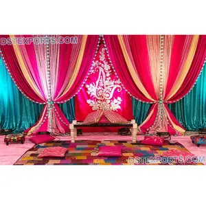 Hermosa ceremonia de Mehndi Fondo cortina de Sangeet etapa telón de fondo decoración Punjabi Mehndi evento telón de fondo cortinas