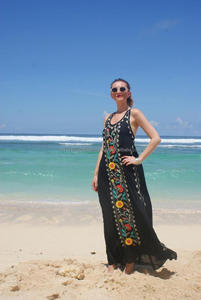 Wholesale OEM Service Adjustable Shoulder <b>Straps</b> Floral Embroidered Bottom Boho Frill Back Less Sexy Beach Party <b>Maxi</b> <b>Dress</b> - Product Image 5