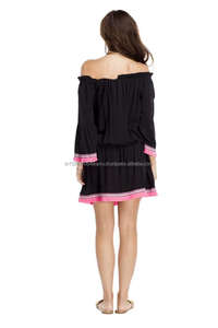 <b>Top</b> Quality Rayon <b>Black</b> Flirty Off-Shoulder <b>Bell</b> <b>Sleeve</b> Tunic Bohemian Style Beautifully Embroidered Beach Cover Up Short Dress - Product Image 2