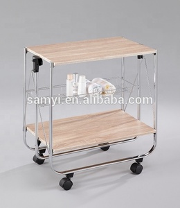 Chariot de cuisine en bois pliant avec finition en chrome et laiton - Product Image 3