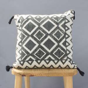 Klim Block Print Cotton <b>Linen</b> Decorative Boho 40 X 40CM Square <b>Cushion</b> <b>Cover</b> with Tassels - Product Image 2