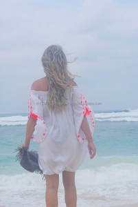 ยิปซี Boho Hippie Floral ปักแยกแขนสั้นชุดนีออนสีส้ม Stylish Look Off ไหล่หลวม Beachwear เสื้อ - Product Image 6