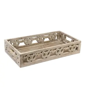 Leading Supplier of Antique Carved Handmade Pine Wood Serving Tray with Handle Serving Trays Wooden Bulk Wholesale Exporter