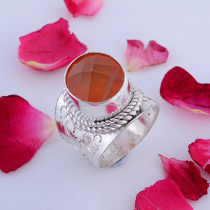 Belle bague réglable plaquée argent faite à la main à la mode en laiton pierre ronde cornaline pierres précieuses résultats de bijoux cadeau - Product Image 2