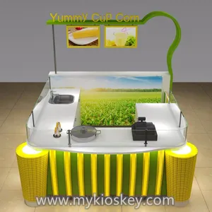Quiosco de maíz mágico con logo de maíz dulce, mostrador de exhibición de maíz de taza para centro comercial