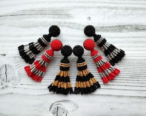 Long stud Striped <b>earrings</b>, Dangle <b>Drop</b> <b>earrings</b> Black tassels <b>Red</b> tassel <b>earrings</b> - Product Image 1