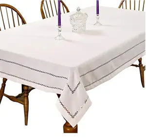 الكتان تنحنح غرزة مطرزة خمر تصميم مستطيل/مستطيل مفرش المائدة ، 100 "x 120" ، أبيض
