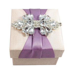 Navy Blue Rhinestone Brooch Embellished Silk Wedding <b>Gift</b> Favour Box - Product Image 2