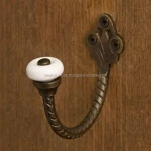 OMG Inudstries Ceramic knob Coat and Cap Hook Wrought Iron Wall White Ceramic Antique Brass Cap Hook