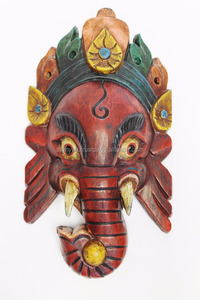 Masque mural en bois Intarsia du Seigneur Ganesh hindou du Népal - Product Image 2