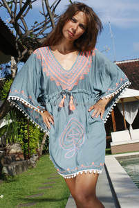 Exporter Of Women's Chain Stitch Embroidered Empire Waist <b>Pom</b> <b>Pom</b> Trim V Neck Kaftan Popular Design Sexy Summer Gypsy Cover Up - Product Image 3