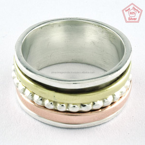 Bague spinner en argent sterling 925 faite à la main nouveau design bijoux de mariage triple ton pierre de coupe directe inde grossiste fiançailles - Product Image 1